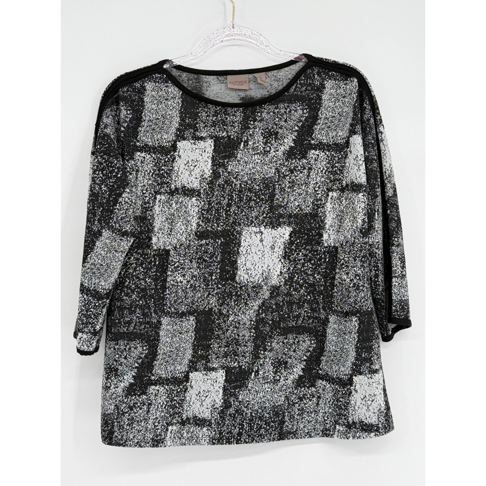 Easywear by Chicos Womens Black White Abstract Print Boat Neck 3/4 Slv Top Sz 0